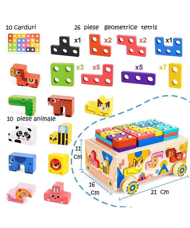 Mașinuță Educațională din Lemn 5-în-1 – Puzzle Tetris, Sortator Forme și Animale, Jenga, Stivuire