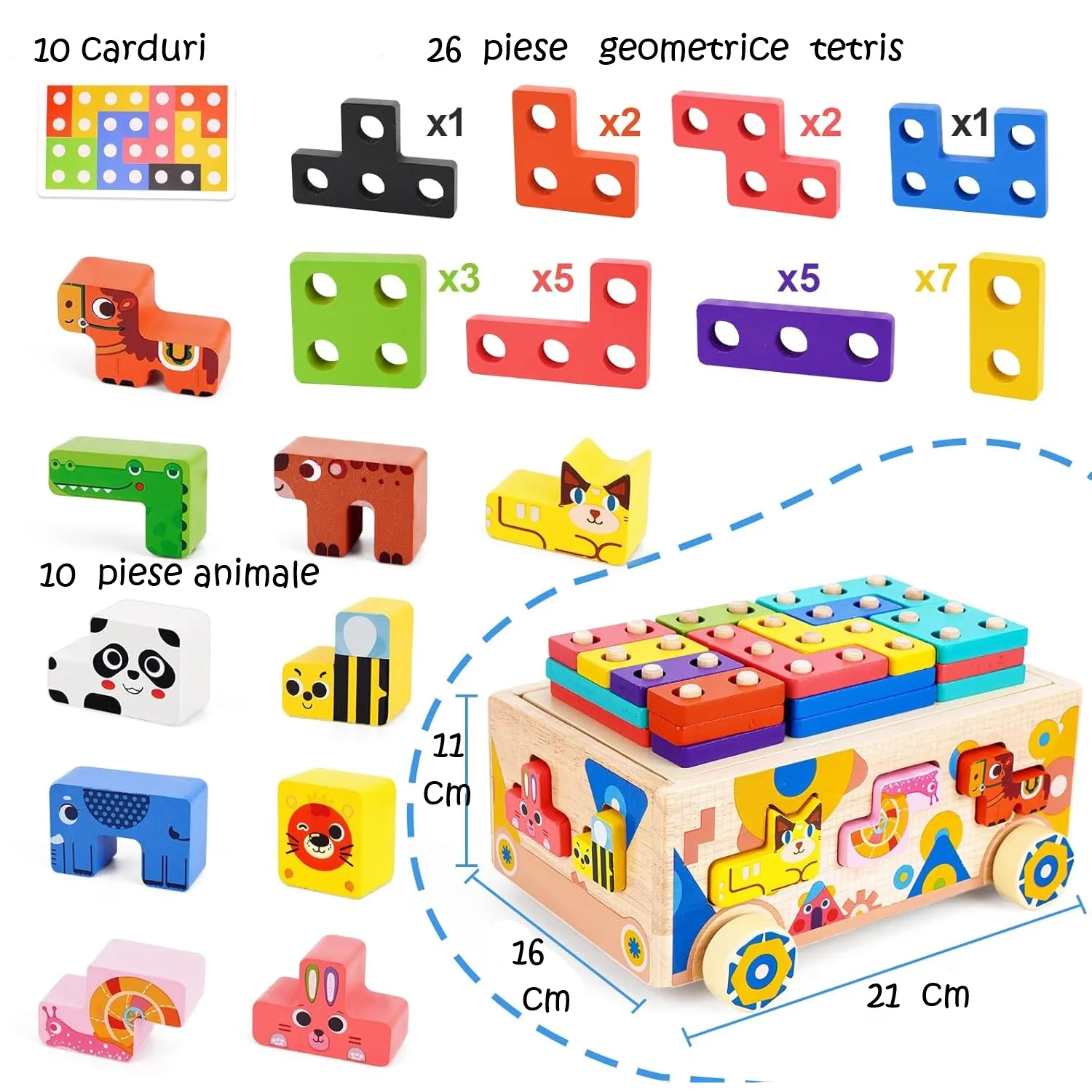 Mașinuță Educațională din Lemn 5-în-1 – Puzzle Tetris, Sortator Forme și Animale, Jenga, Stivuire