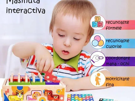 Mașinuță Educațională din Lemn 5-în-1 – Puzzle Tetris, Sortator Forme și Animale, Jenga, Stivuire - Bebeboo - Totul pentru copii. Jucării, Hăinuțe, Perne, Mobilier, Textile