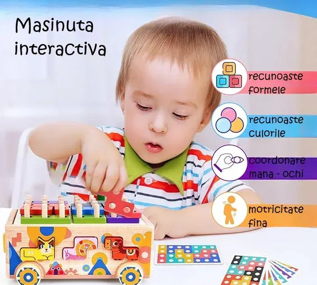 Mașinuță Educațională din Lemn 5-în-1 – Puzzle Tetris, Sortator Forme și Animale, Jenga, Stivuire - Bebeboo - Totul pentru copii. Jucării, Hăinuțe, Perne, Mobilier, Textile