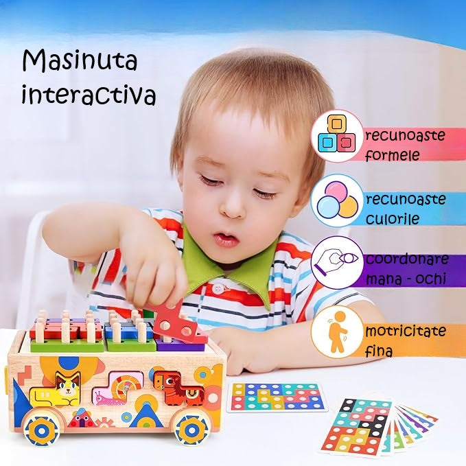 Mașinuță Educațională din Lemn 5-în-1 – Puzzle Tetris, Sortator Forme și Animale, Jenga, Stivuire