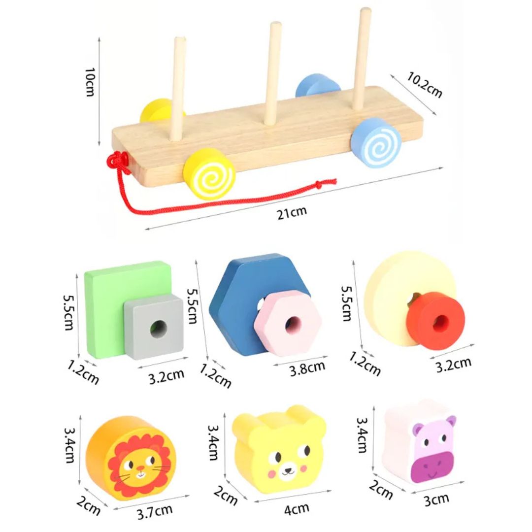 Trenulețul animalelor vesele, 18 piese din lemn, 3 ani+