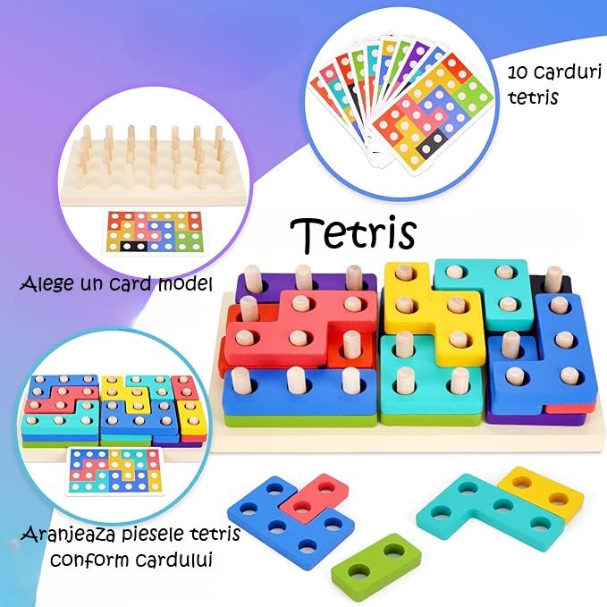 Mașinuță Educațională din Lemn 5-în-1 – Puzzle Tetris, Sortator Forme și Animale, Jenga, Stivuire