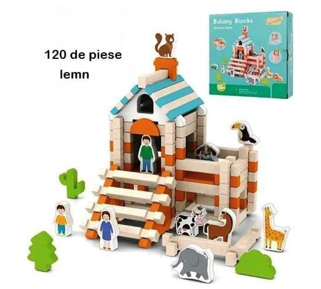 Set Montessori – Blocuri de Construcție din Lemn, 122 Piese cu Animale și Figuri - Bebeboo - Totul pentru copii. Jucării, Hăinuțe, Perne, Mobilier, Textile