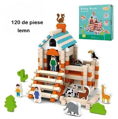 Set Montessori – Blocuri de Construcție din Lemn, 122 Piese cu Animale și Figuri