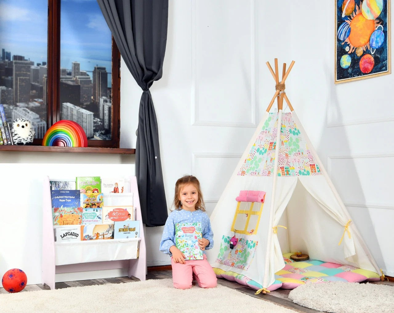 Raft de Carti pentru Copii, Organizator cu etajere din textil, pentru depozitare jucarii, carti si caiete. Mobilier din Lemn MDF, 71.5 x 62 x 30 cm