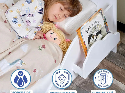 Pat Copii cu Protectie Laterala si Raft Depozitare Carti si Jucarii, Model Norisor, Patut pentru Baieti si Fetite Varsta de 3 - 8 Ani, Mobilier din Lemn MDF, Alb + Bonus Stickere Fosforescente - Bebeboo - Totul pentru copii. Jucării, Hăinuțe, Perne, Mobilier, Textile