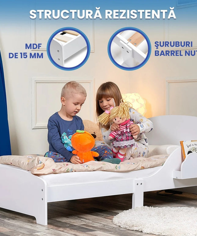 Pat Copii cu Protectie Laterala si Raft Depozitare Carti si Jucarii, Model Norisor, Patut pentru Baieti si Fetite Varsta de 3 - 8 Ani, Mobilier din Lemn MDF, Alb + Bonus Stickere Fosforescente