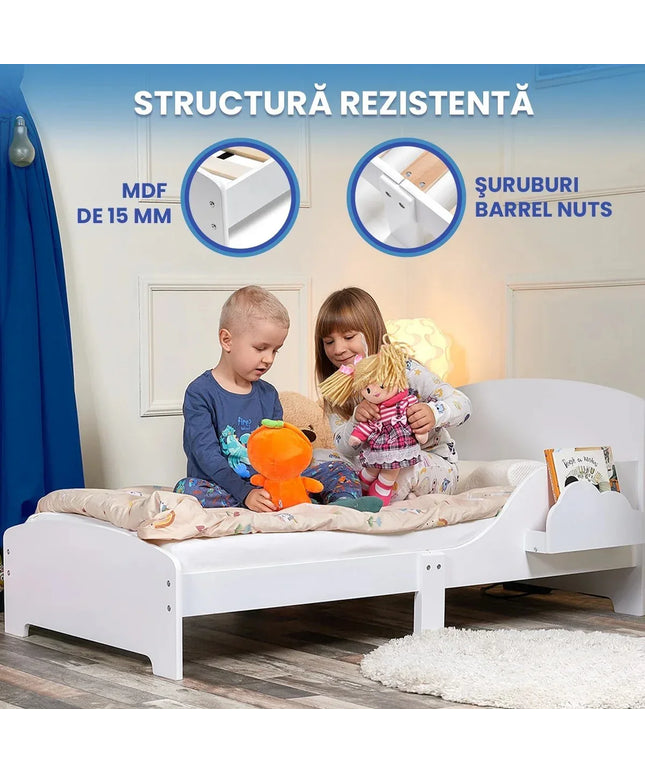 Pat Copii cu Protectie Laterala si Raft Depozitare Carti si Jucarii, Model Norisor, Patut pentru Baieti si Fetite Varsta de 3 - 8 Ani, Mobilier din Lemn MDF, Alb + Bonus Stickere Fosforescente - Bebeboo - Totul pentru copii. Jucării, Hăinuțe, Perne, Mobilier, Textile