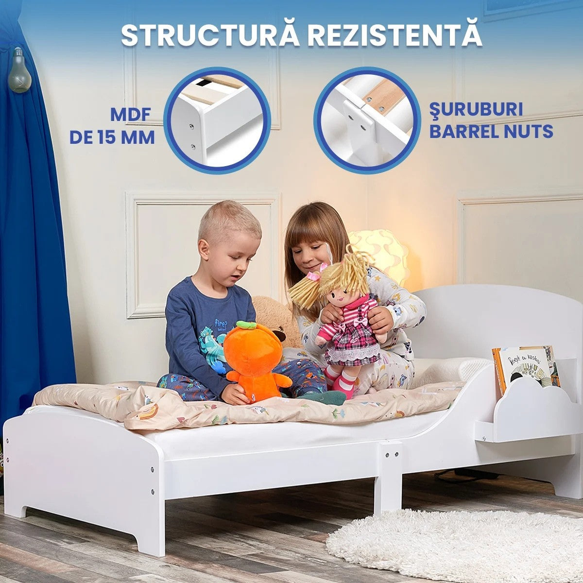 Pat Copii cu Protectie Laterala si Raft Depozitare Carti si Jucarii, Model Norisor, Patut pentru Baieti si Fetite Varsta de 3 - 8 Ani, Mobilier din Lemn MDF, Alb + Bonus Stickere Fosforescente