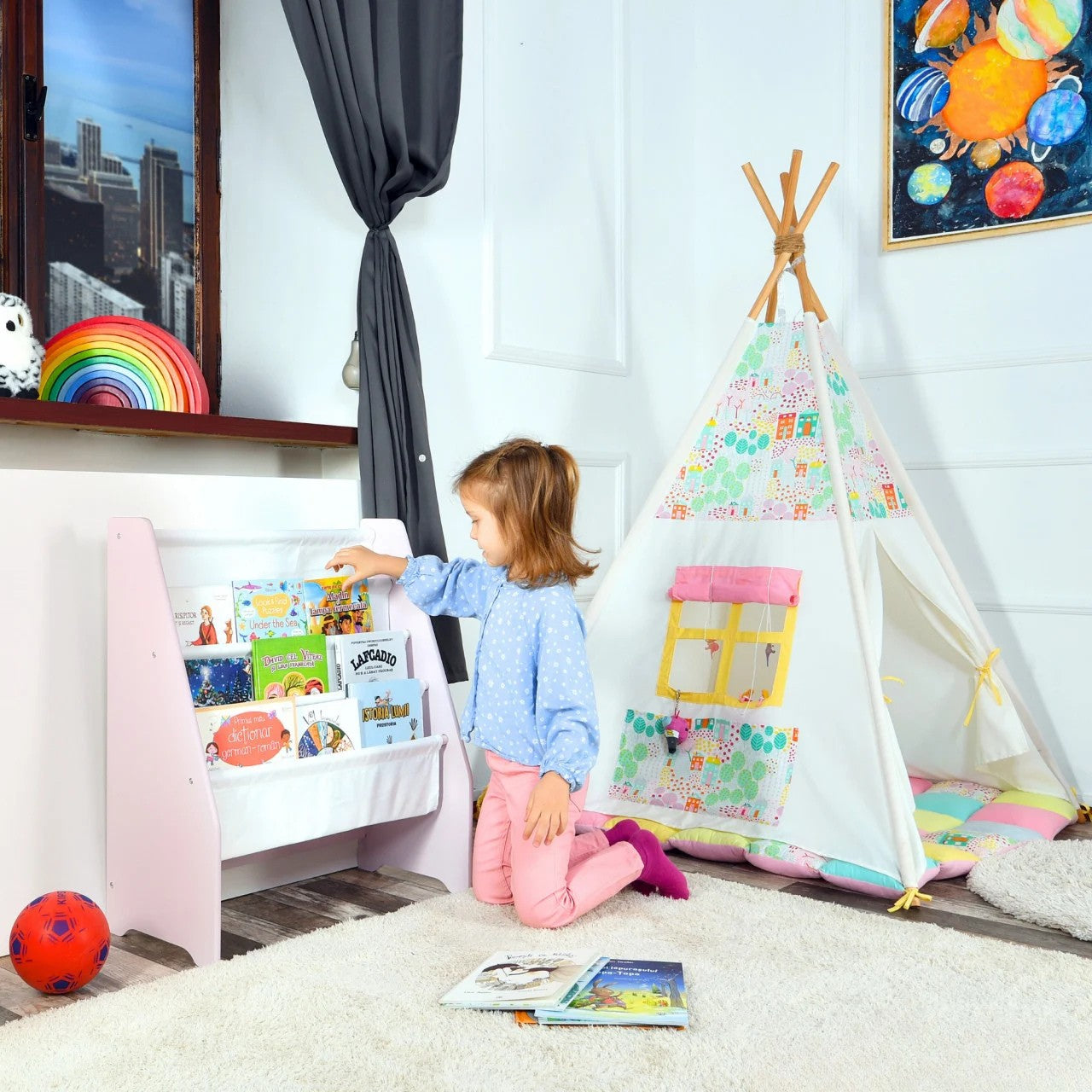 Raft de Carti pentru Copii, Organizator cu etajere din textil, pentru depozitare jucarii, carti si caiete. Mobilier din Lemn MDF, 71.5 x 62 x 30 cm