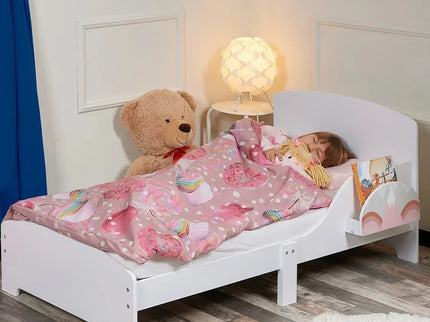 Pat Copii cu Protectie Laterala si Raft Depozitare Carti si Jucarii, Model Curcubeu, Patut pentru Fetite Varsta de 3 - 8 Ani, Mobilier din Lemn MDF, Alb + Bonus Stickere Fosforescente - Bebeboo - Totul pentru copii. Jucării, Hăinuțe, Perne, Mobilier, Textile