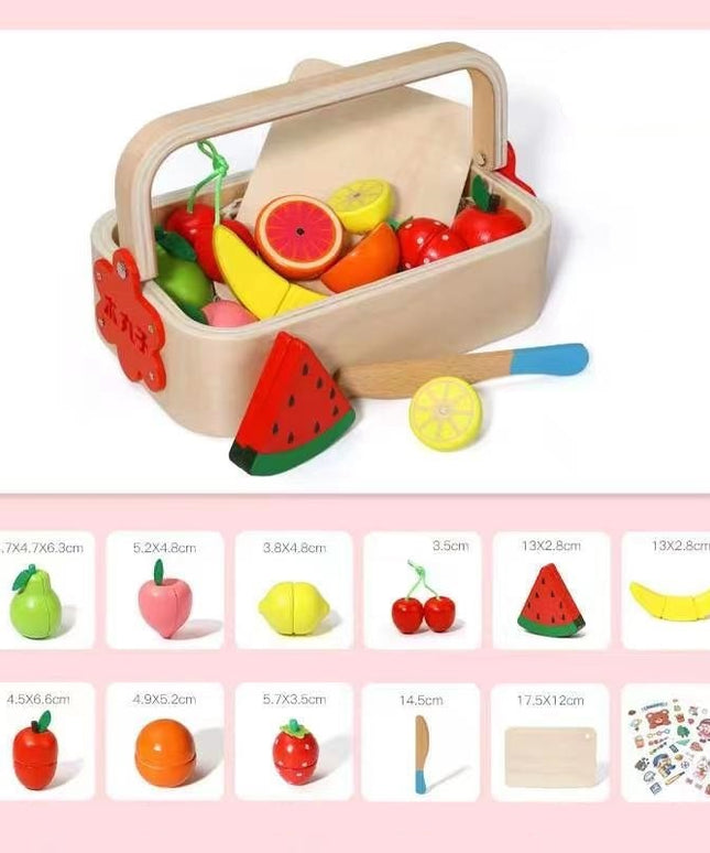 Set Fructe Magnetice din Lemn – Lădiță cu Fructe și Cuțit