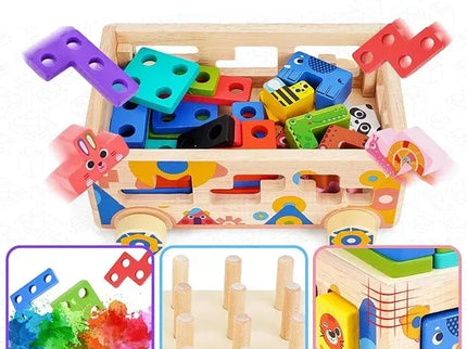 Mașinuță Educațională din Lemn 5-în-1 – Puzzle Tetris, Sortator Forme și Animale, Jenga, Stivuire - Bebeboo - Totul pentru copii. Jucării, Hăinuțe, Perne, Mobilier, Textile