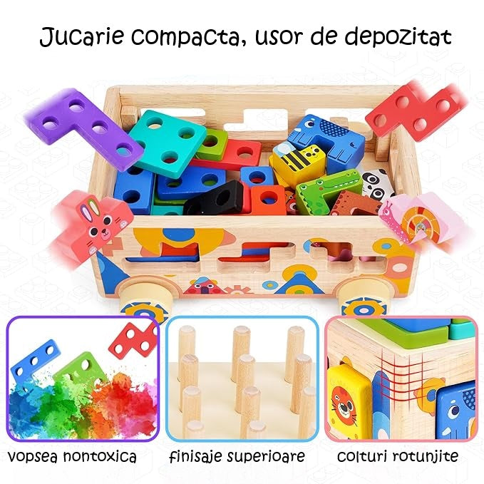 Mașinuță Educațională din Lemn 5-în-1 – Puzzle Tetris, Sortator Forme și Animale, Jenga, Stivuire