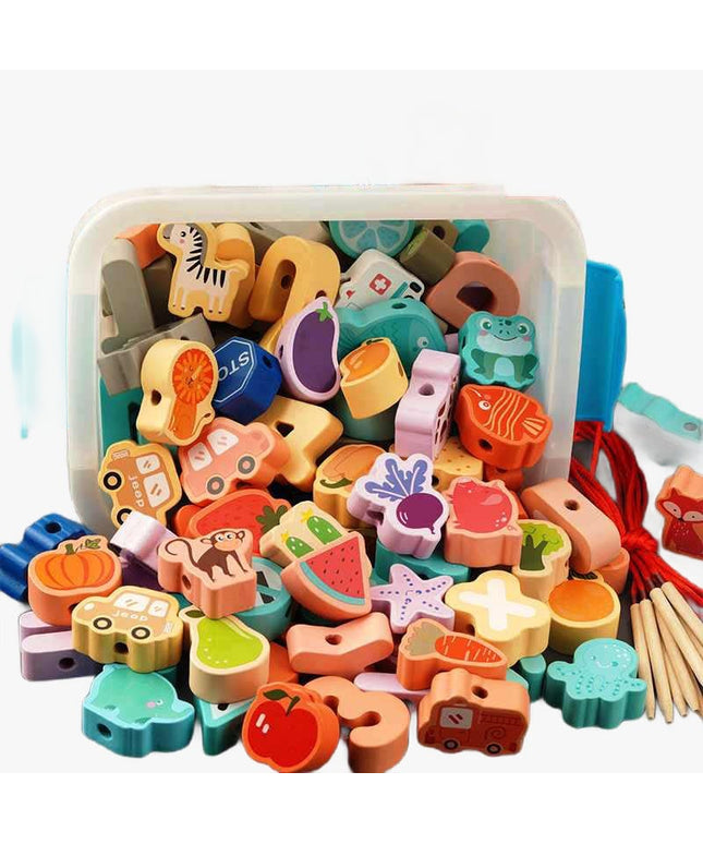 Cutie cu 42 de Mărgele din Lemn și Șiret – Joc de Îndemânare și Creativitate