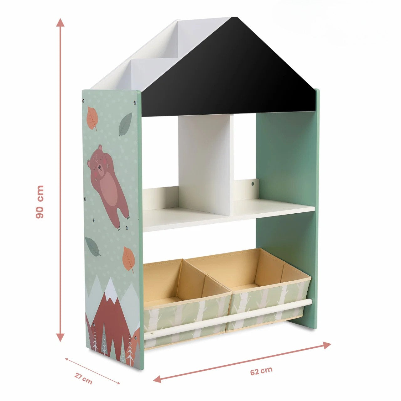 Biblioteca copii Verde, Organizator cu raft pentru carti, Cutii depozitare jucarii, Tabla de desen, Mobilier din Lemn MDF, Dulap tip casuta cu etajere, 90 x 62 x 27cm