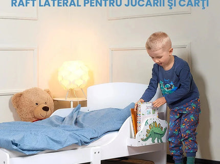 Pat Copii cu Protectie Laterala si Raft Depozitare Carti si Jucarii, Model Dinozaur, Patut pentru Baieti si Fetite Varsta de 3 - 8 Ani, Mobilier din Lemn MDF, Alb + Bonus Stickere Fosforescente - Bebeboo - Totul pentru copii. Jucării, Hăinuțe, Perne, Mobilier, Textile