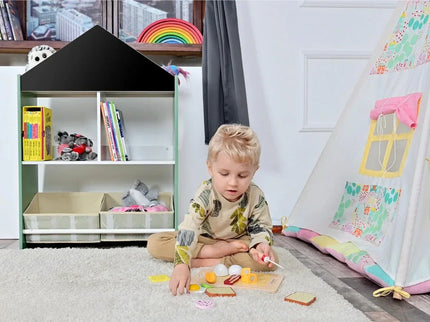 Biblioteca copii Verde, Organizator cu raft pentru carti, Cutii depozitare jucarii, Tabla de desen, Mobilier din Lemn MDF, Dulap tip casuta cu etajere, 90 x 62 x 27cm - Bebeboo - Totul pentru copii. Jucării, Hăinuțe, Perne, Mobilier, Textile