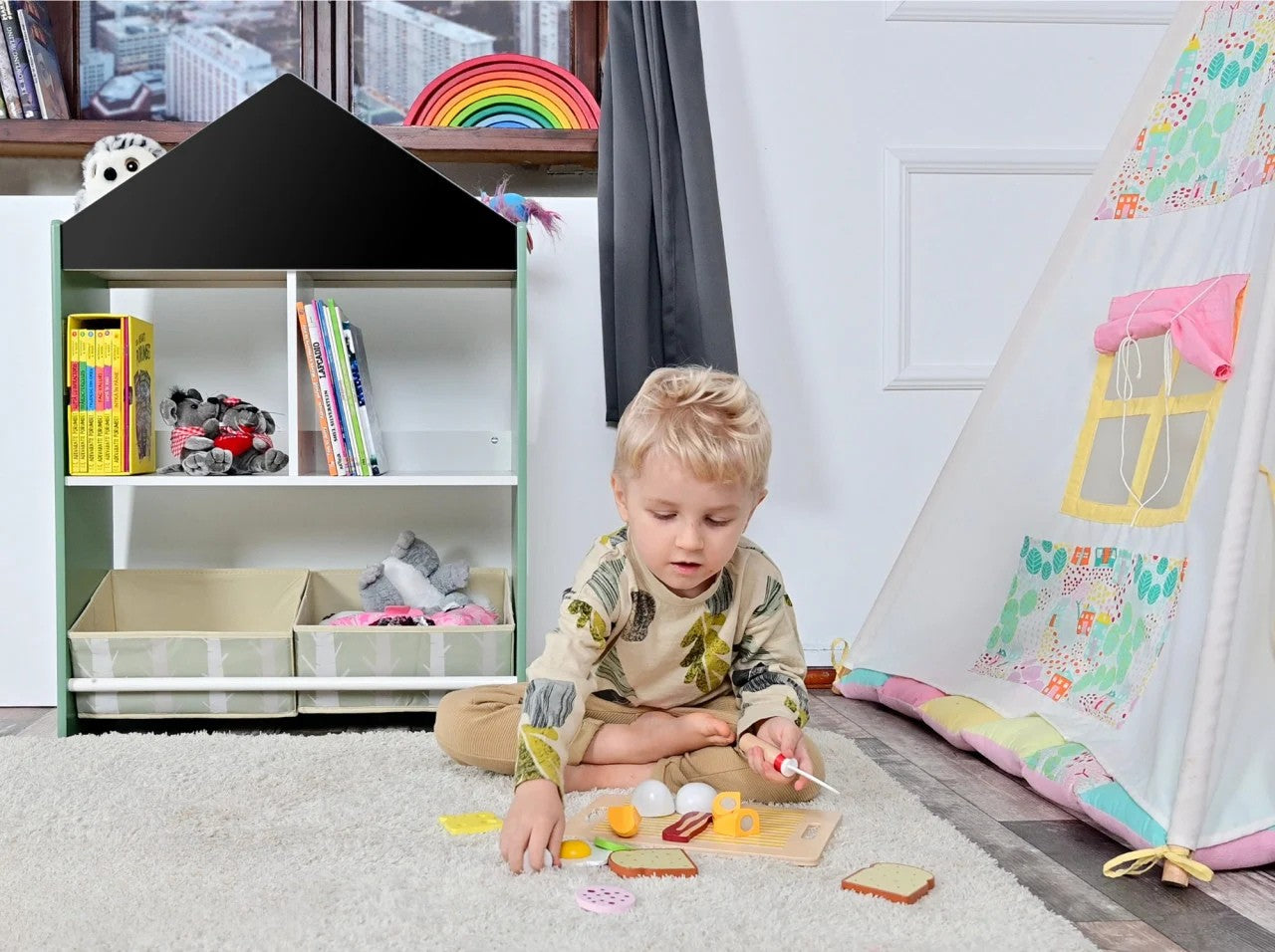 Biblioteca copii Verde, Organizator cu raft pentru carti, Cutii depozitare jucarii, Tabla de desen, Mobilier din Lemn MDF, Dulap tip casuta cu etajere, 90 x 62 x 27cm