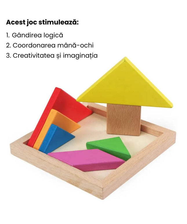 Puzzle educativ 3D Tangram, 7 piese lemn, 2 ani+