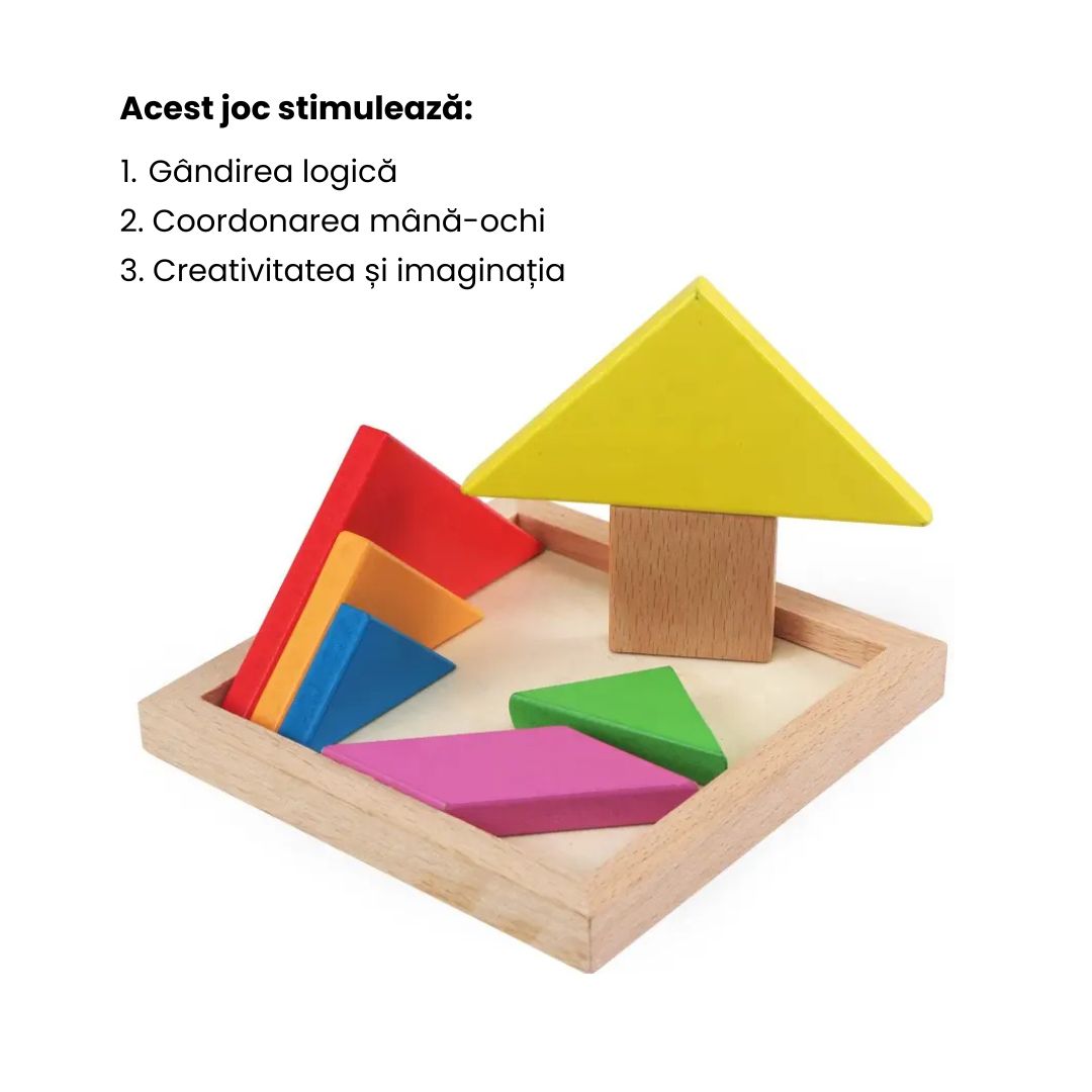 Puzzle educativ 3D Tangram, 7 piese lemn, 2 ani+