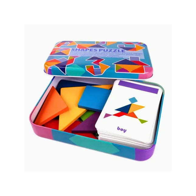 Tangram din lemn cu 60 de carduri - Shapes Puzzle, 3 ani+ - Bebeboo - Totul pentru copii. Jucării, Hăinuțe, Perne, Mobilier, Textile