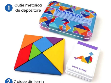 Tangram din lemn cu 60 de carduri - Shapes Puzzle, 3 ani+ - Bebeboo - Totul pentru copii. Jucării, Hăinuțe, Perne, Mobilier, Textile