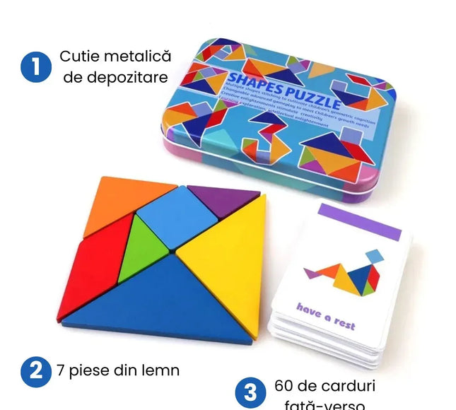 Tangram din lemn cu 60 de carduri - Shapes Puzzle, 3 ani+ - Bebeboo - Totul pentru copii. Jucării, Hăinuțe, Perne, Mobilier, Textile