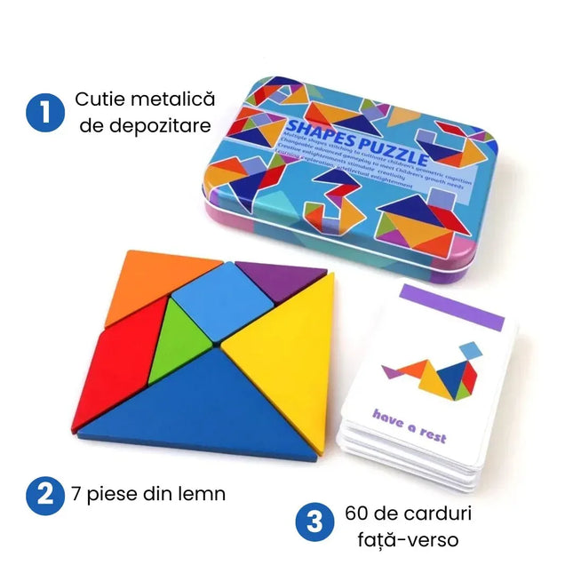 Tangram din lemn cu 60 de carduri - Shapes Puzzle, 3 ani+ - Bebeboo - Totul pentru copii. Jucării, Hăinuțe, Perne, Mobilier, Textile