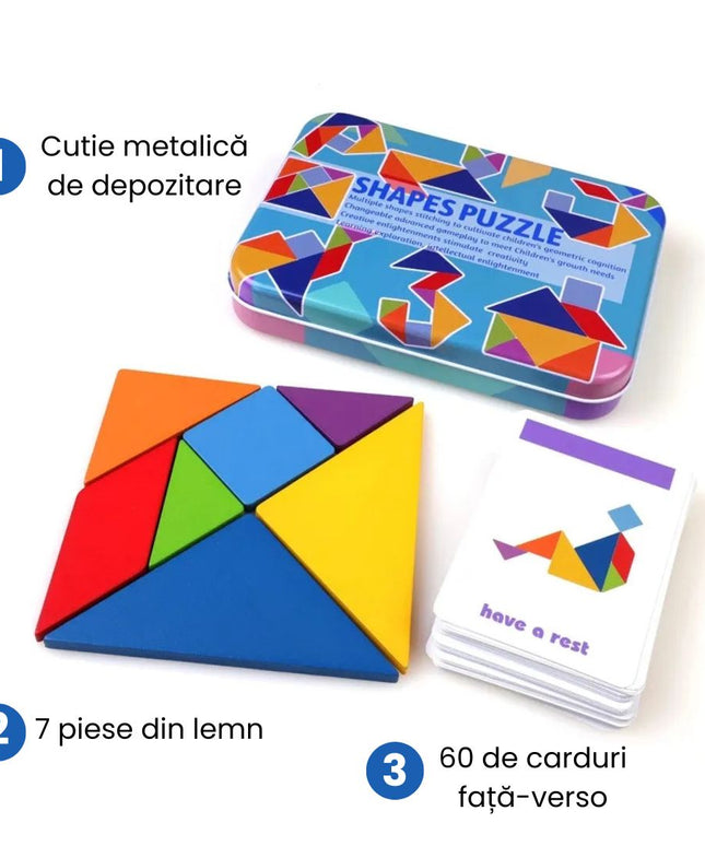 Tangram din lemn cu 60 de carduri - Shapes Puzzle, 3 ani+