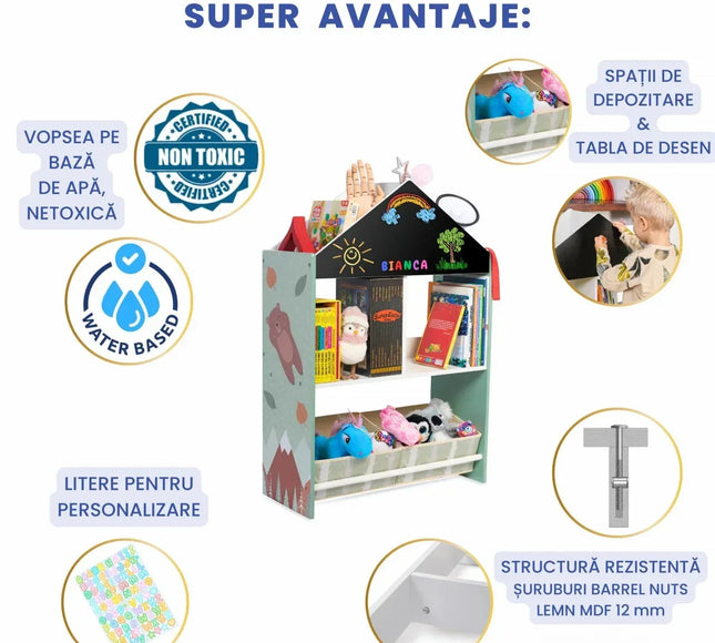 Biblioteca copii Verde, Organizator cu raft pentru carti, Cutii depozitare jucarii, Tabla de desen, Mobilier din Lemn MDF, Dulap tip casuta cu etajere, 90 x 62 x 27cm - Bebeboo - Totul pentru copii. Jucării, Hăinuțe, Perne, Mobilier, Textile