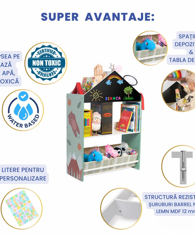 Biblioteca copii Verde, Organizator cu raft pentru carti, Cutii depozitare jucarii, Tabla de desen, Mobilier din Lemn MDF, Dulap tip casuta cu etajere, 90 x 62 x 27cm