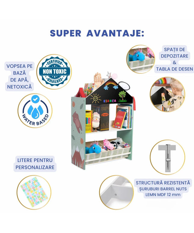 Biblioteca copii Verde, Organizator cu raft pentru carti, Cutii depozitare jucarii, Tabla de desen, Mobilier din Lemn MDF, Dulap tip casuta cu etajere, 90 x 62 x 27cm - Bebeboo - Totul pentru copii. Jucării, Hăinuțe, Perne, Mobilier, Textile