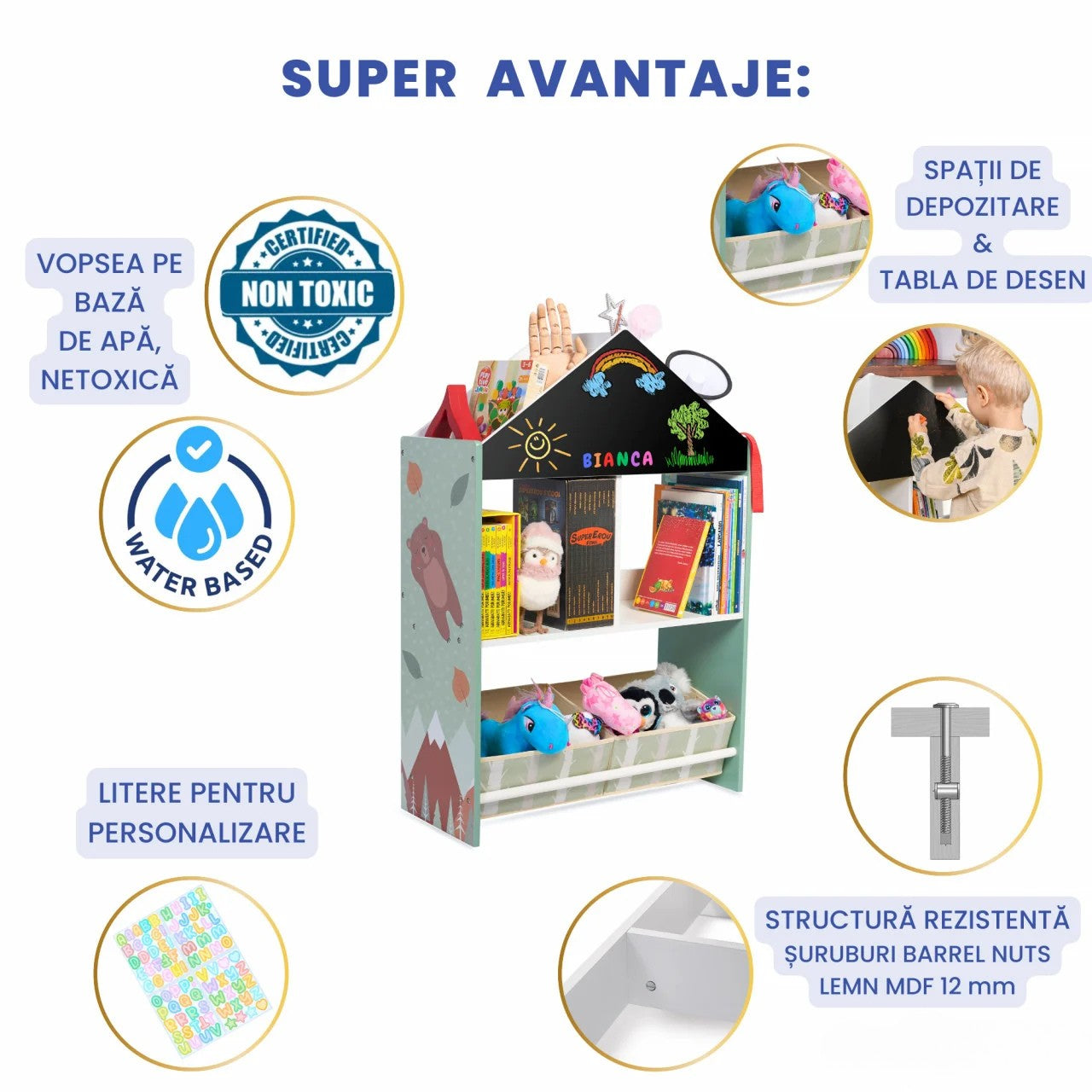 Biblioteca copii Verde, Organizator cu raft pentru carti, Cutii depozitare jucarii, Tabla de desen, Mobilier din Lemn MDF, Dulap tip casuta cu etajere, 90 x 62 x 27cm