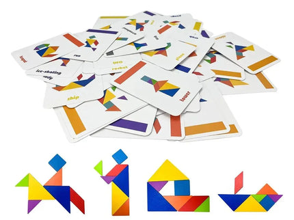 Tangram din lemn cu 60 de carduri - Shapes Puzzle, 3 ani+ - Bebeboo - Totul pentru copii. Jucării, Hăinuțe, Perne, Mobilier, Textile