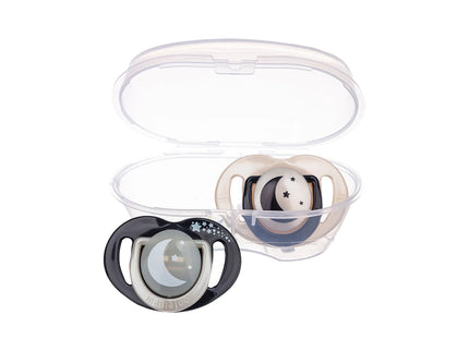 Set 2 suzete ortodontice Mamajoo + cutie sterilizare, Black & Pearl/Noapte & Zi, 0 luni+, silicon+pp