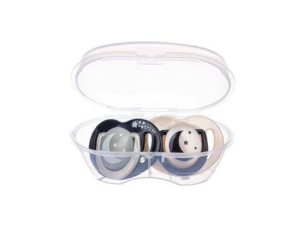 Set 2 suzete ortodontice Mamajoo + cutie sterilizare, Black & Pearl/Noapte & Zi, 0 luni+, silicon+pp