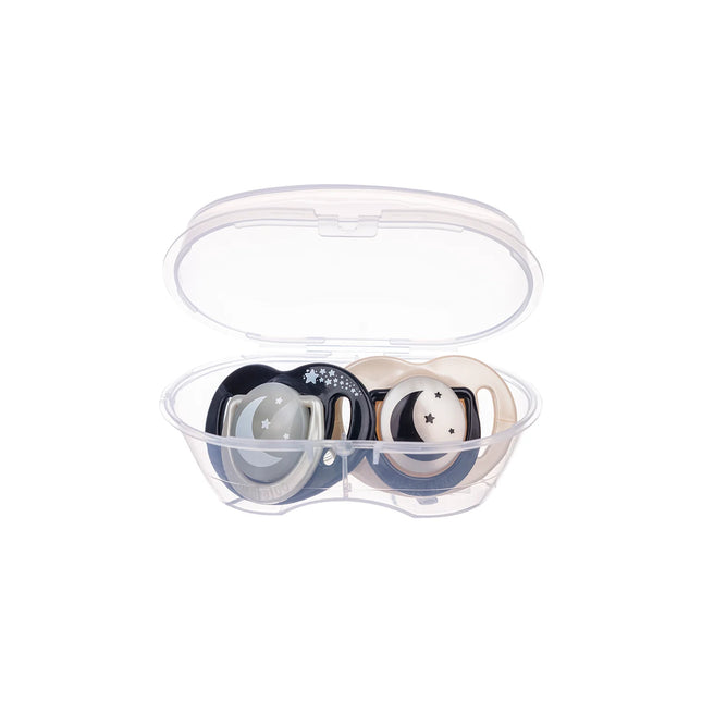 Set 2 suzete ortodontice Mamajoo + cutie sterilizare, Black & Pearl/Noapte & Zi, 0 luni+, silicon+pp