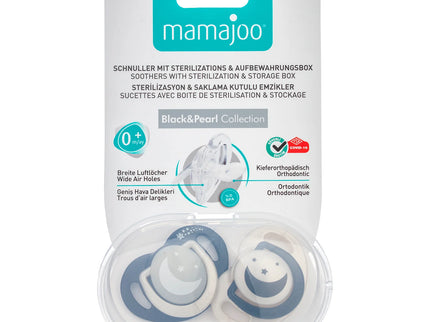 Set 2 suzete ortodontice Mamajoo + cutie sterilizare, Black & Pearl/Noapte & Zi, 0 luni+, silicon+pp