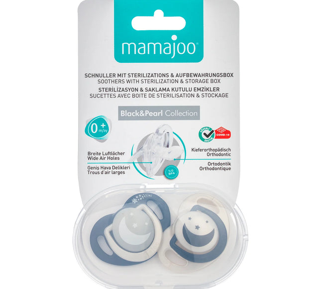 Set 2 suzete ortodontice Mamajoo + cutie sterilizare, Black & Pearl/Noapte & Zi, 0 luni+, silicon+pp
