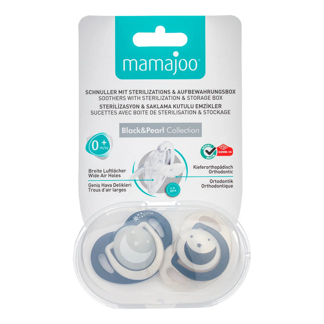 Set 2 suzete ortodontice Mamajoo + cutie sterilizare, Black & Pearl/Noapte & Zi, 0 luni+, silicon+pp