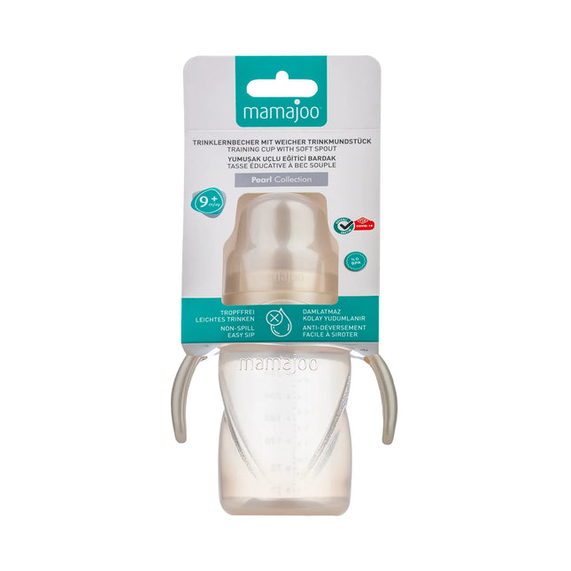 Cana antrenament bebelusi Mamajoo, Pearl, anticurgere/anticolici, 270 ml, 9 luni+, PP + silicon