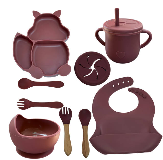 Set 10 piese diversificare bebeluși și copii din silicon – Bavetă, farfurie compartimentată, bol cu ventuză, tacâmuri, cană și capac pentru gustări