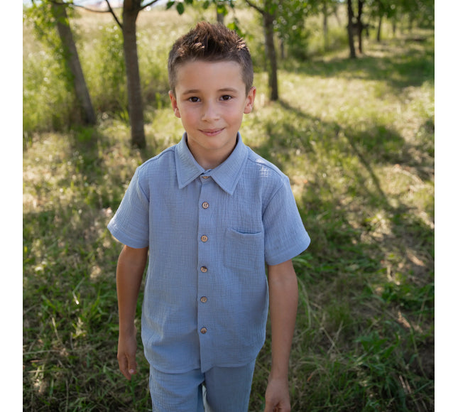 Set albastru camasa cu pantaloni scurti din muselina - Bebeboo - Totul pentru copii. Jucării, Hăinuțe, Perne, Mobilier, Textile