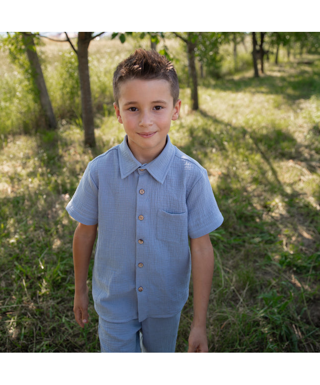 Set albastru camasa cu pantaloni scurti din muselina