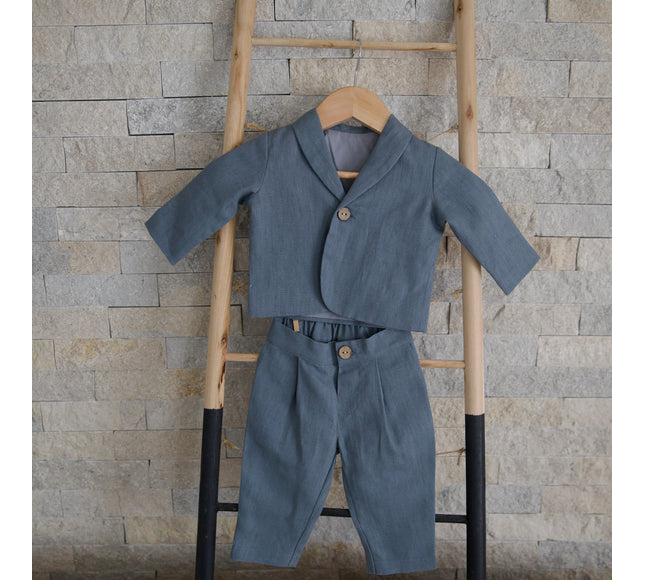 Costum Botez Baieti Albastru Din In - Bebeboo - Totul pentru copii. Jucării, Hăinuțe, Perne, Mobilier, Textile