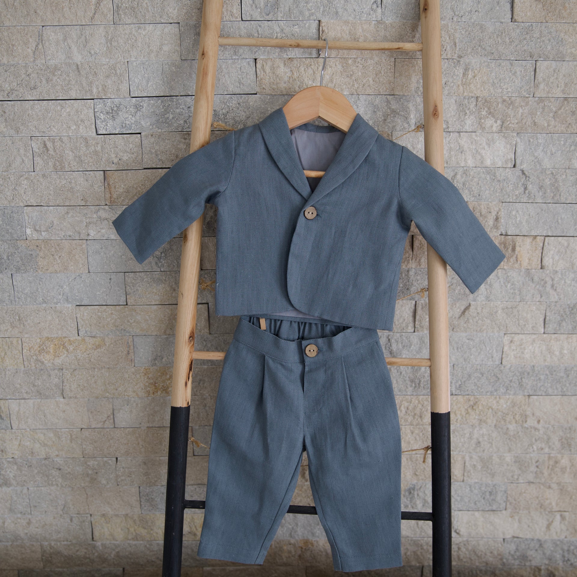 Costum Botez Baieti Albastru Din In