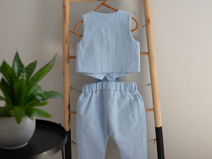 Costum Botez Baieti Albastru Vesta Cu Pantaloni - Bebeboo - Totul pentru copii. Jucării, Hăinuțe, Perne, Mobilier, Textile