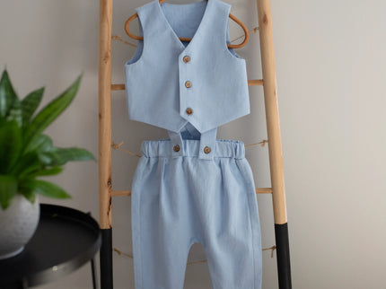 Costum Botez Baieti Albastru Vesta Cu Pantaloni - Bebeboo - Totul pentru copii. Jucării, Hăinuțe, Perne, Mobilier, Textile